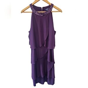 CHAPS Plum Tiered Chiffon Embellished Halter Dress Evening Wedding Sz 16 NWT
